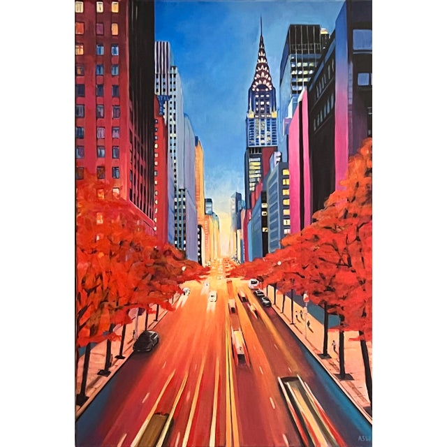 Brick Red Painting of the Chrysler Building 42nd Street New York City Using Blue Reds Yellows Purples For Sale - Image 8 of 12