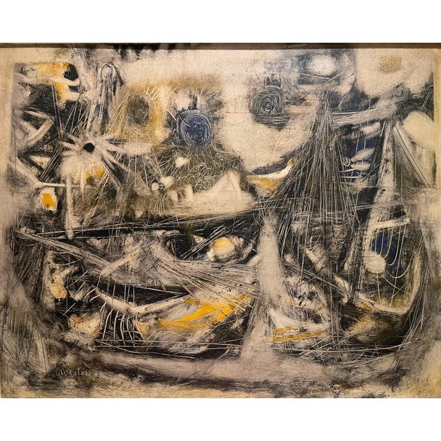 Painting, oil on cardboard, representing an abstract scene. Signed lower left and dated "weston 49". This painting is in...