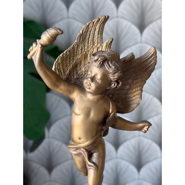 Art Nouveau Antique Art Nouveau Brass Cherub Cupid Angel Statue Sculptures in the Style of A. Moreau - A Pair For Sale - Image 3 of 12