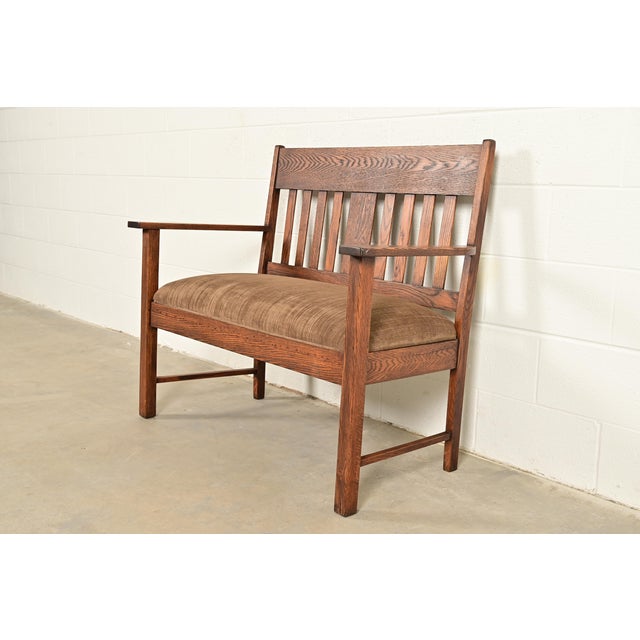 Mission Stickley Brothers Style Antique Mission Oak Arts & Crafts Bench or Settle Sofa, Circa 1900 For Sale - Image 3 of 13