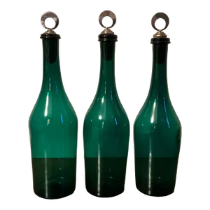 Antique English Georgian Green Blown Glass Bottle Shape Wine or Spirit Decanters With Sheffield Stoppers - a Set of 3