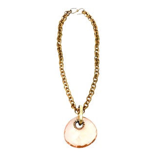 Vintage Italian Brass Link Chain and Diamond Faceted Peachy Pink Glass Pendant Necklace For Sale