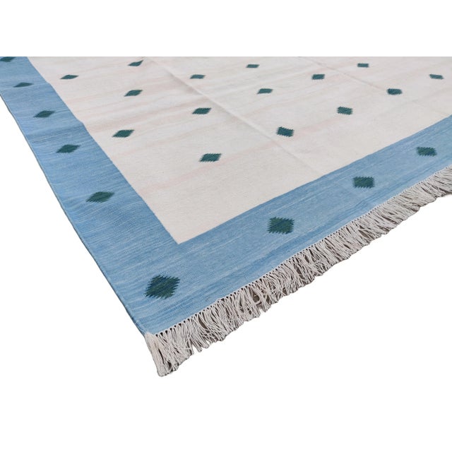 Not Yet Made - Made To Order Handmade Cotton Area Rug, Natural Vegetable Dyed White, Blue & Green Diamond Rug-5'x7' For Sale - Image 5 of 10