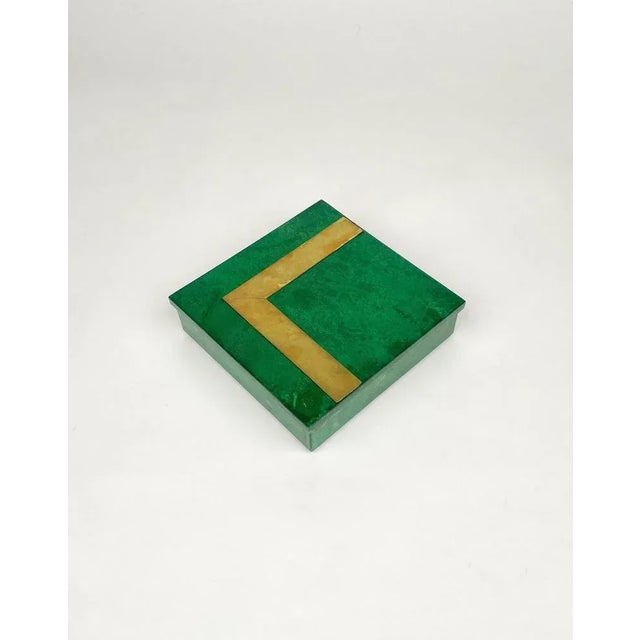 Square Box in Green Goatskin & Brass by Aldo Tura, Italy, 1960s For Sale - Image 3 of 15