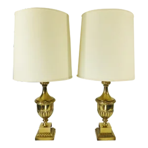 Elegant Pair Vintage Mid Century Gold Metal Table Lamps W/ Matching Shades