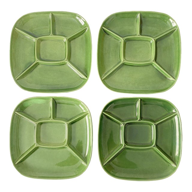 Mid-Century Modern Square Ceramic Dinner Plate With 6-Compartments, Set of 4 For Sale