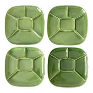 Mid-Century Modern Square Ceramic Dinner Plate With 6-Compartments, Set of 4