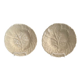 Pair of Elegant Vintage Celadon Sage Leaf Pattern Dinner Plates, 9” Dia. For Sale