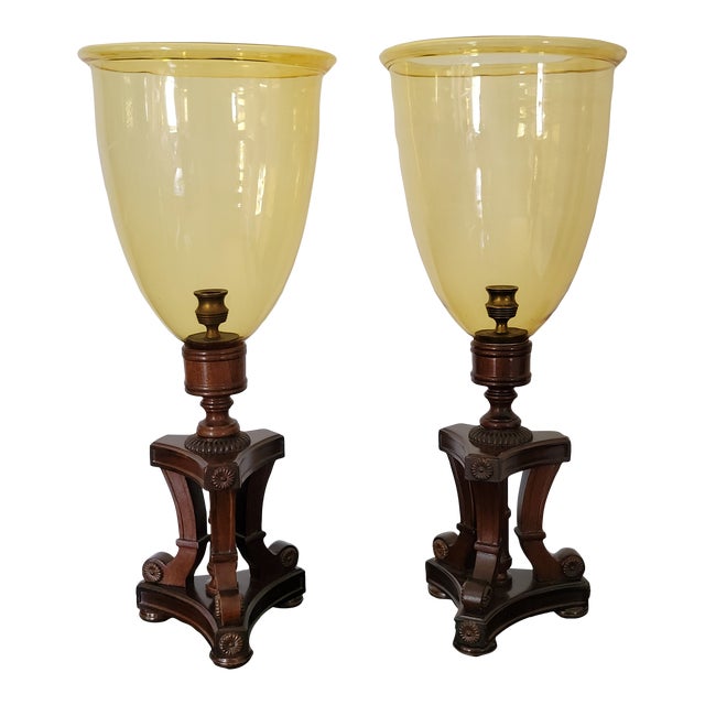Vintage Pair of Amber Glass and Wood Photophores Hurricane Lamps For Sale