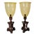 Vintage Pair of Amber Glass and Wood Photophores Hurricane Lamps For Sale