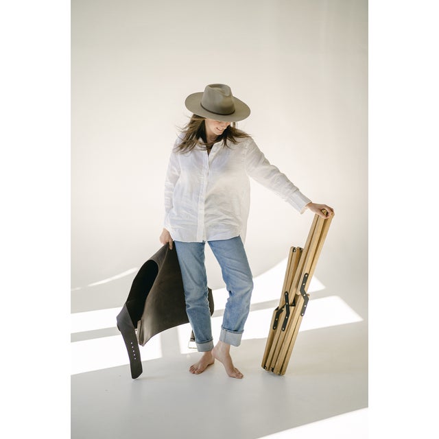 Wood Modern Tripolina Folding Chair in Oak, Leather & Brass For Sale - Image 7 of 11