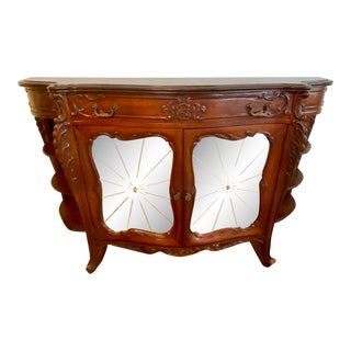 Early 20th Century Vintage Mahogany Carved Hall Cabinet With Etched Mirrored Doors For Sale