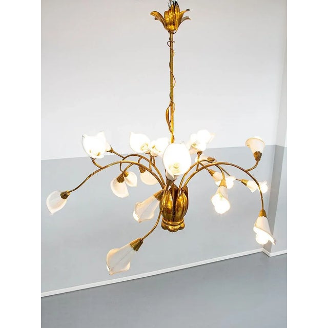 1950s Italian Mid-Century brass and metal ceiling lamp, attribute Angelo Lelii Brass structured ceiling lamp and "Calle"...