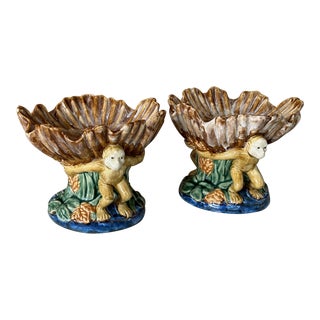 Pair of Vintage Majolica Monkey Shell Decorative Bowls For Sale