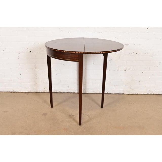Late 20th Century Baker Furniture Style Federal Inlaid Mahogany Flip Top Demilune Console Game Table For Sale - Image 10 of 14