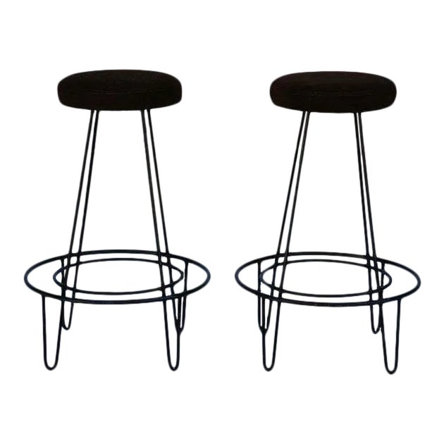 1950s Vintage Brown Suede Seat Bar Stools - a Pair For Sale