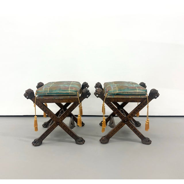 Wood Vintage Carved Wood Lion-Head Curule Stools - Pair For Sale - Image 7 of 7