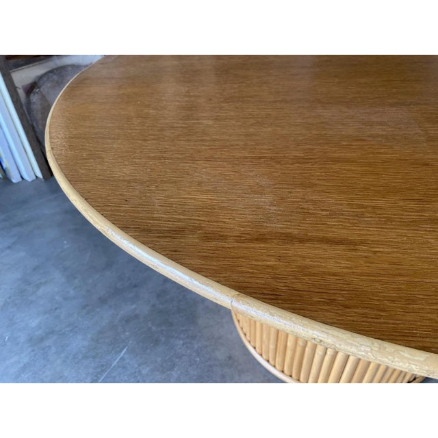 Yellow Restored Round Stacked Rattan Pedestal Dining Table Mahogany Top For Sale - Image 8 of 8