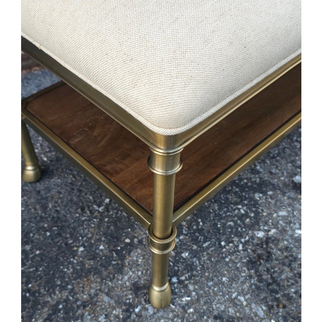 Wood Modern Steel, Wood and Tufted Linen Upholstered Tiered Bench For Sale - Image 7 of 10