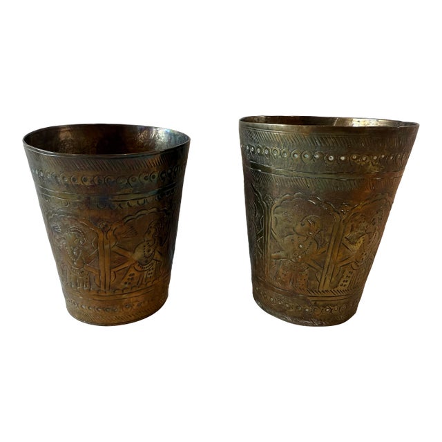 Pair of Vintage Handmade Brass Lassi Cups For Sale