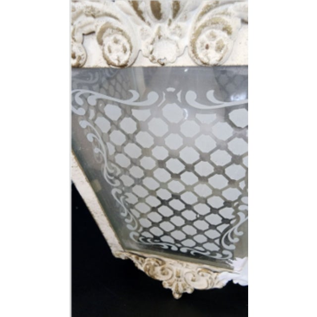 Ivory Vintage Tole and Etched Glass Panel Pendant Lantern For Sale - Image 8 of 12