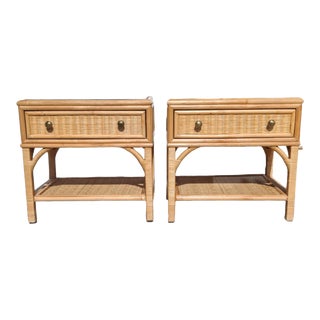 Late 20th Century Vintage Boho Chic Pair of 2 Tier Rattan and Wicker Nighstands For Sale