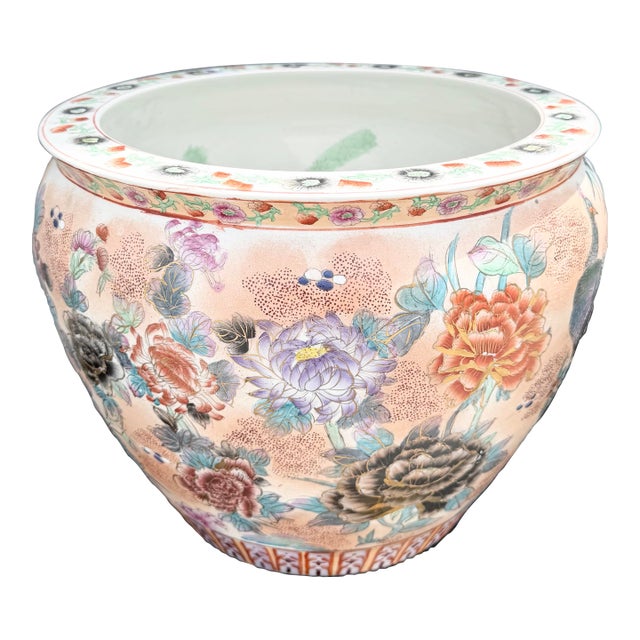 Vintage Chinese Hand Painted Porcelain Fish Bowl Vase For Sale