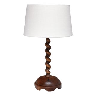 French Sculptural Oak Table Lamp with Barley Twist Stem and Linen Shade, 1950s For Sale