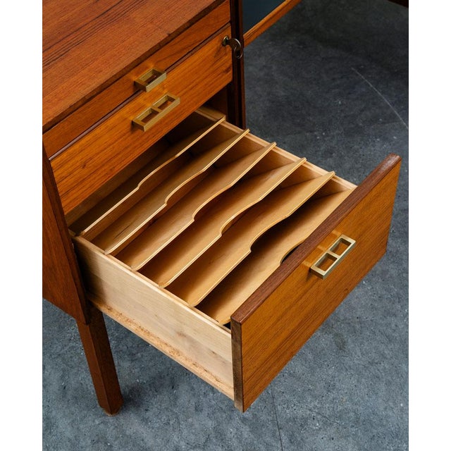 Wood Mid Century Danish Modern Executive Desk Black Top Brass 5 Drawer File Denmark For Sale - Image 7 of 12