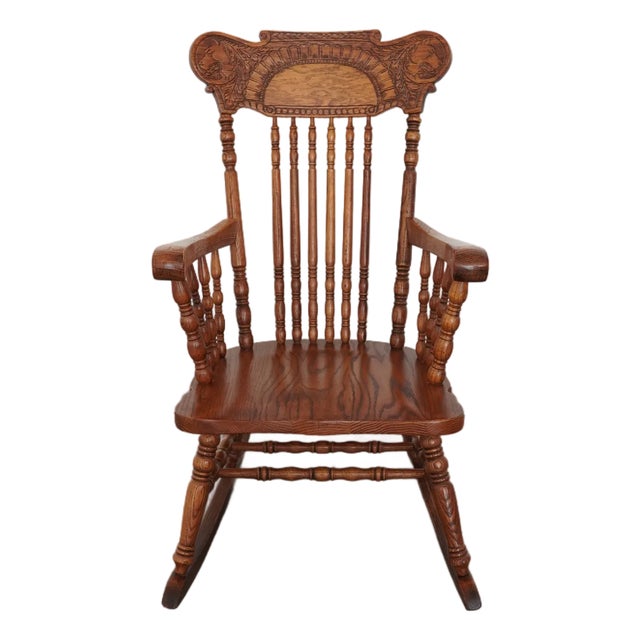 Vintage Carved Oak Rocking Chair For Sale