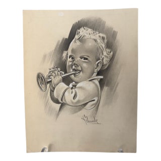 1940s Original Signed Graphite Illustration of Child Playing Trumpet, 10 × 7.75 In. For Sale