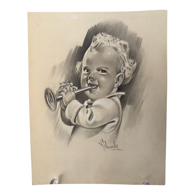 1940s Original Signed Graphite Illustration of Child Playing Trumpet, 10 × 7.75 In. For Sale
