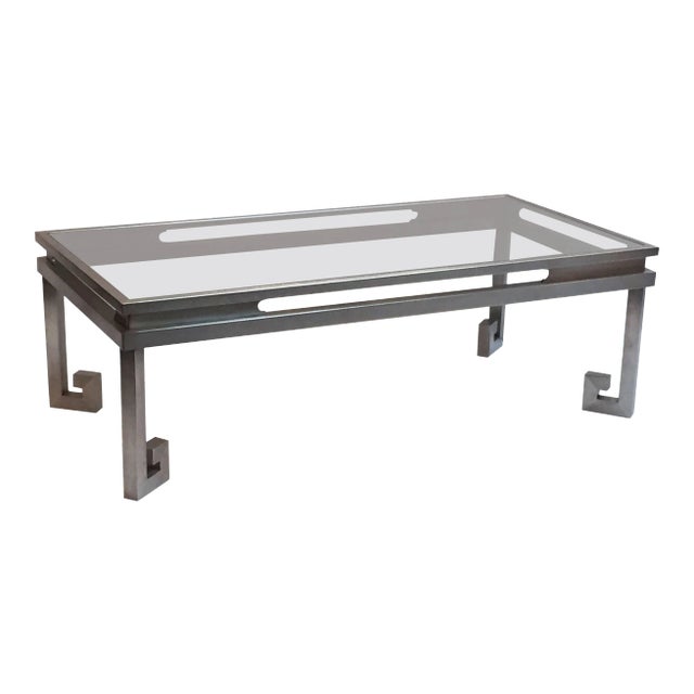 Large French Low Cocktail or Coffee Table of Brushed Steel and Smoked Glass, Greek Key For Sale