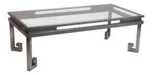 Large French Low Cocktail or Coffee Table of Brushed Steel and Smoked Glass, Greek Key