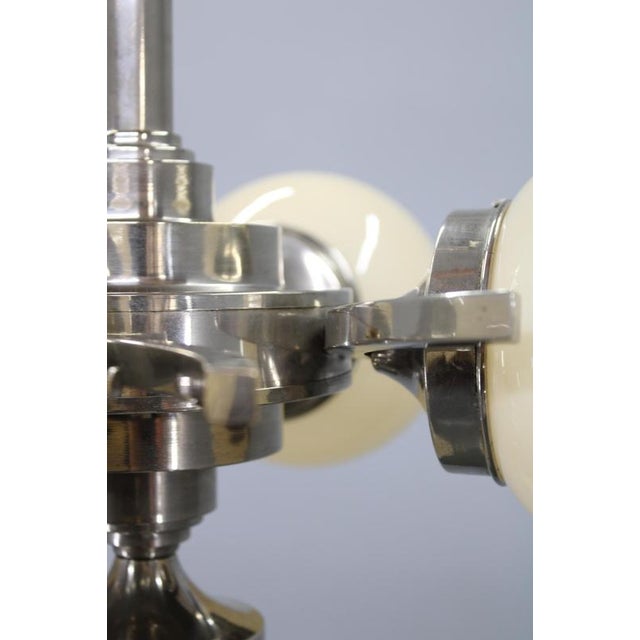 1930s Czechoslovak Art Deco Nickel Chandelier with Opaline Glass Globes, 1930s For Sale - Image 5 of 11
