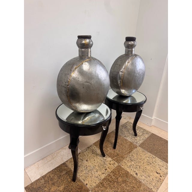 Pair of Large Vintage Indian Tin and Brass Water Vessels With Wooden Cork Stoppers For Sale - Image 4 of 11