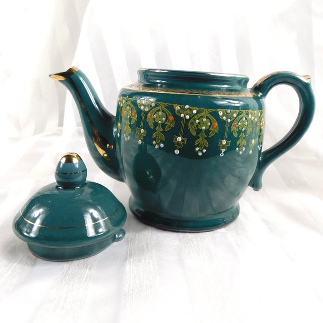 1960s Dark Teal Unmarked Teapot With Music Box in the Base For Sale - Image 4 of 5