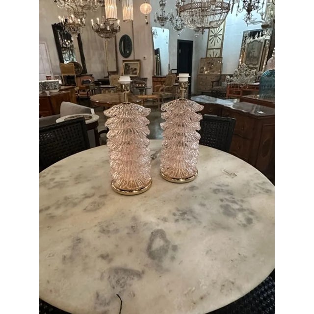Early 21st Century Decorative Pair of Pink Murano Brass "Ruffle" Lamps For Sale - Image 5 of 5