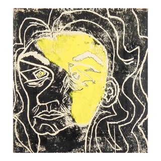 Mid 20th Century Abstract Yellow and Black Portrait Block Print For Sale