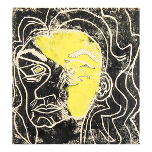 Mid 20th Century Abstract Yellow and Black Portrait Block Print