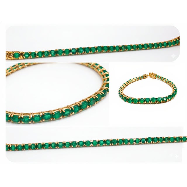 13.20 Carat Natural Zambian Emerald Tennis Bracelet in 18k Yellow Gold 7.5 Inch For Sale - Image 9 of 17