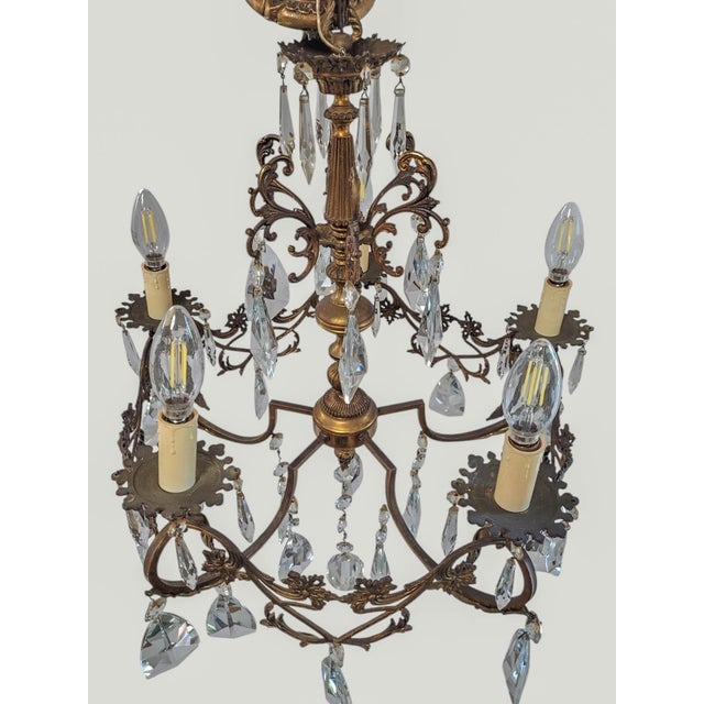 Early 20th Century French Rococo Style 5-Light Cast Bronze & Pendeloque Crystal Cage Chandelier For Sale - Image 4 of 14