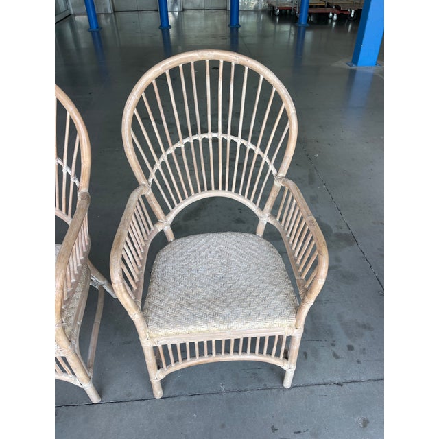 Vintage Coastal Rattan Fan Back Armchairs With Woven Seats, a Pair For Sale - Image 9 of 12