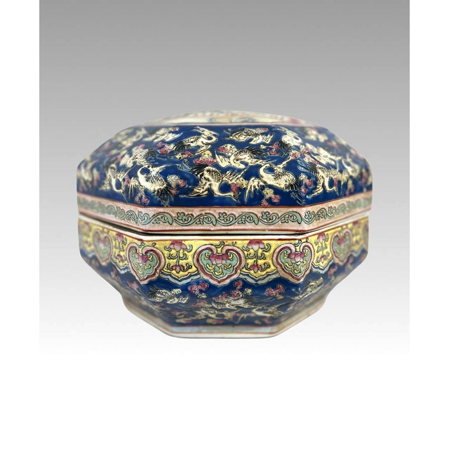 Chinoiserie Antique Chinese Blue & Yellow Porcelain Covered Serving Container (Storage / Gift Box) With Auspicious Cranes and Bats For Sale - Image 3 of 11