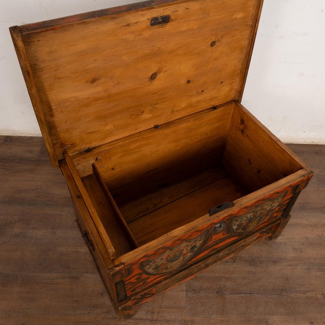 19th Century Late 19th Century Hungarian Original Painted Pine Flat Top Trunk For Sale - Image 5 of 13
