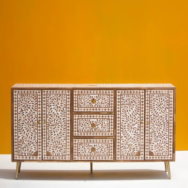Arabesque Teak Wood Inlay Buffet by House of Jaipur For Sale - Image 4 of 5