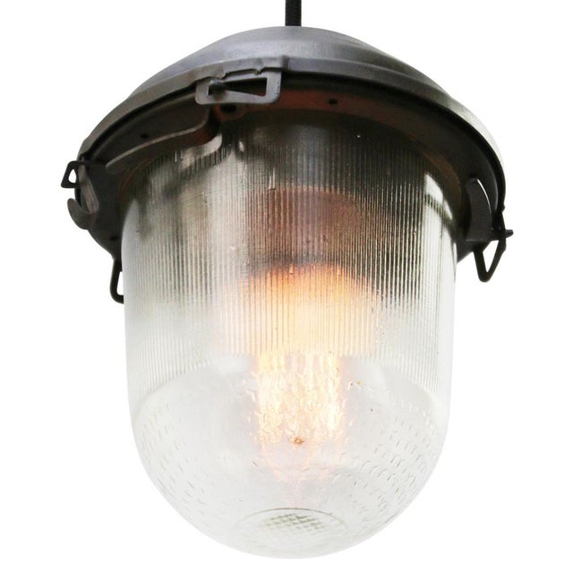 Vintage Industrial Grey and Clear Striped Glass Pendant Light For Sale - Image 4 of 7