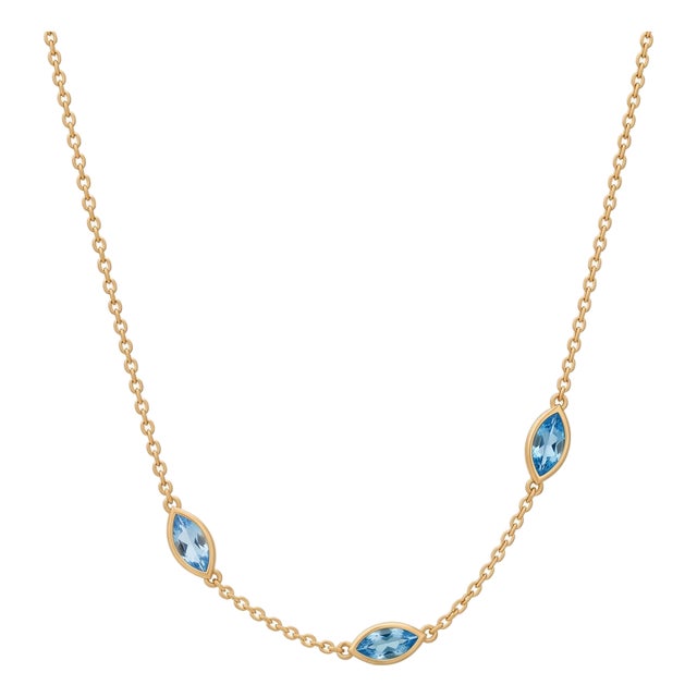 Swiss Blue Topaz Gold Station Necklace | Marquise Gemstone Bezel Chain | December Birthstone Layering Jewelry | Dainty Light Blue Choker For Sale