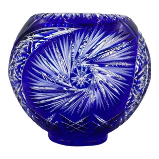 1980s Vintage Cobalt Blue Czech Cut Crystal Flower Vase- Spherical For Sale