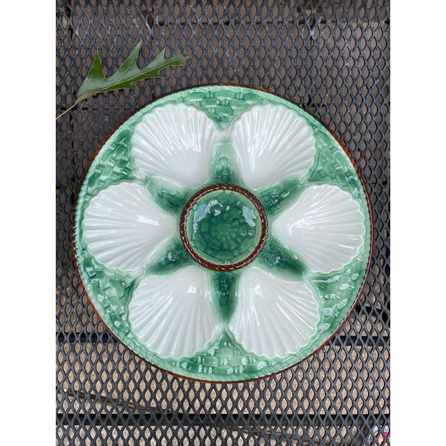 1920s Antique French Longchamp Majolica Green and White Oyster Plate For Sale - Image 13 of 13